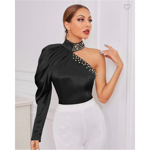 Satin Leg Of Mutton Sleeve Pearls Blouse