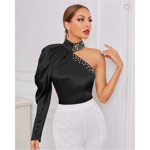 Satin Leg Of Mutton Sleeve Pearls Blouse