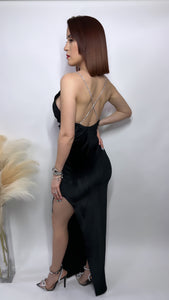 Jewel Detail Strap Velvet Long Dress with slit
