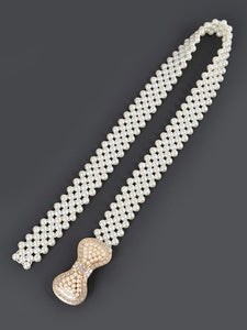 Elastic Pearl Waist Belt W/Ribbon Buckle