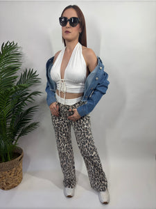 Doble Waist Strait Denim Leopard Jean