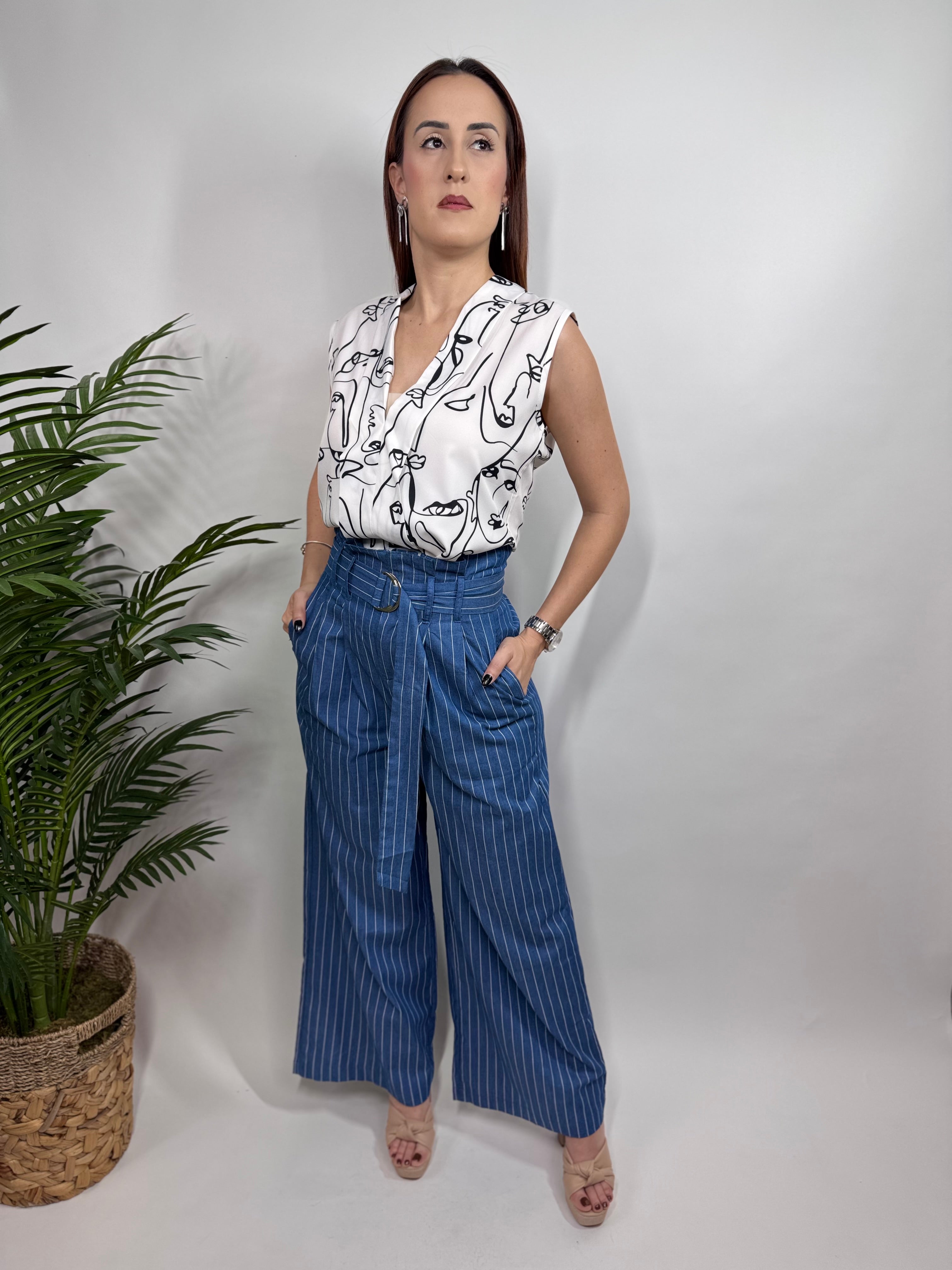 Denim stripe High Waisted Paperbag Wide Leg Pants