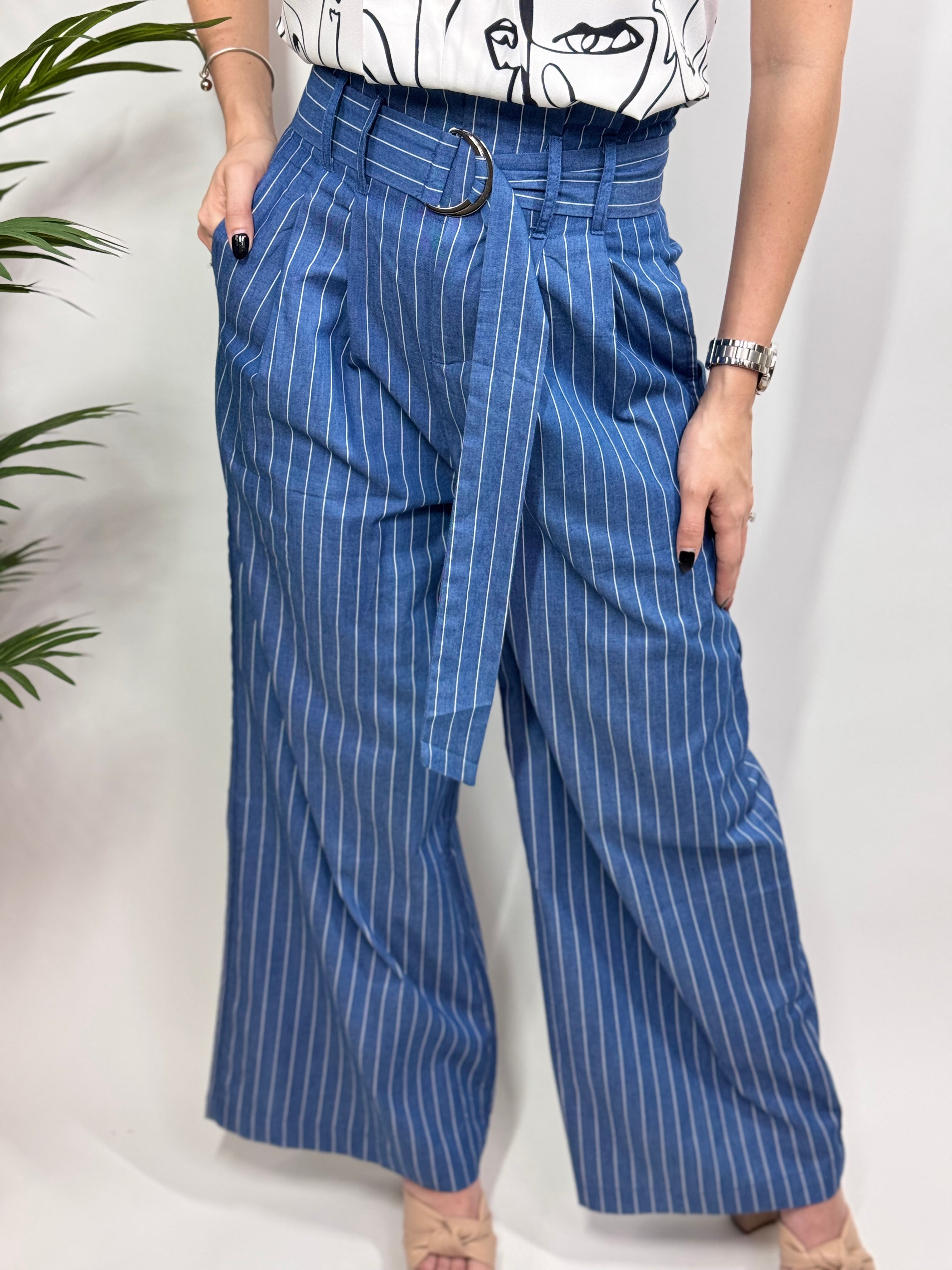 Denim stripe High Waisted Paperbag Wide Leg Pants