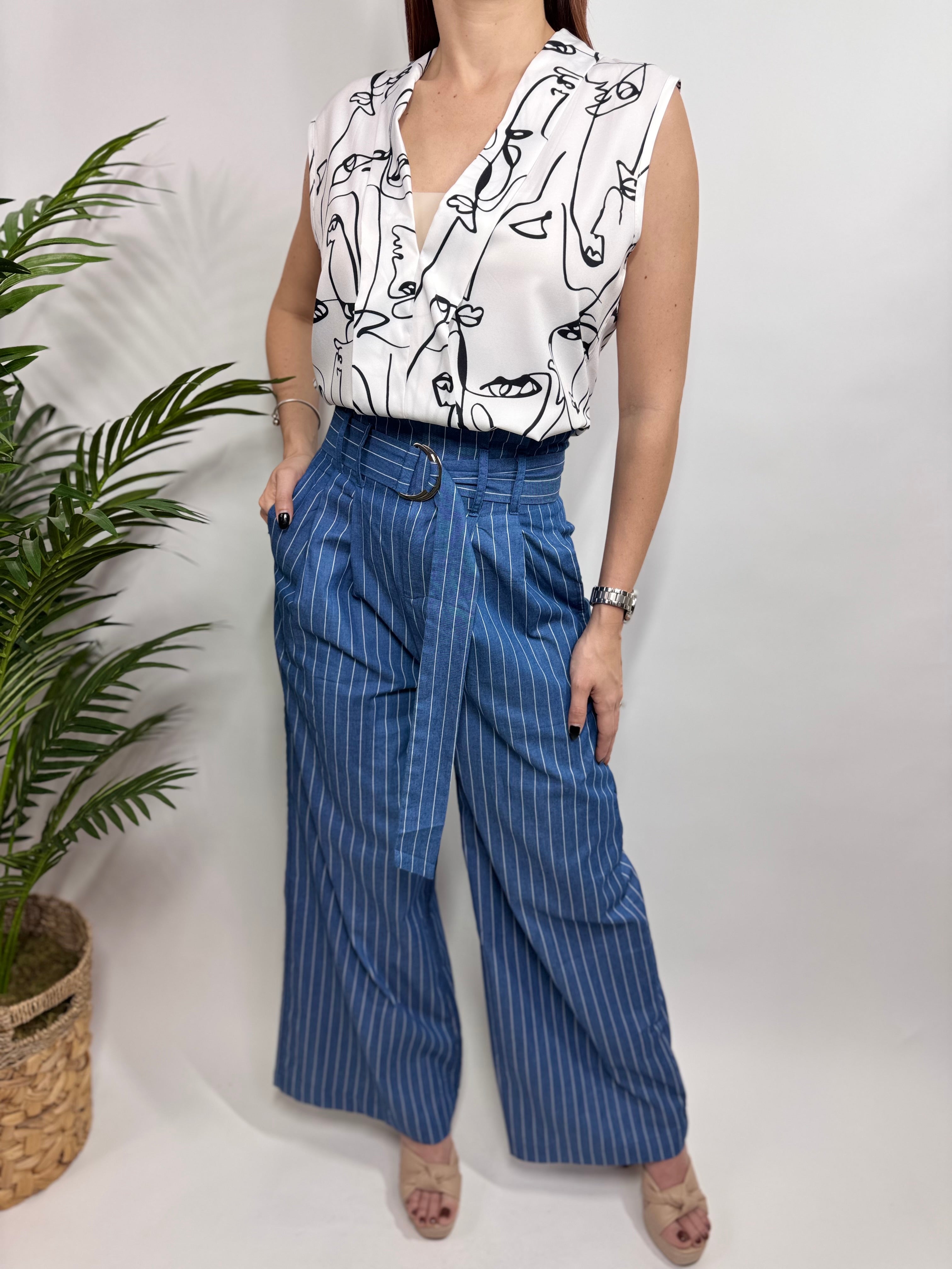 Denim stripe High Waisted Paperbag Wide Leg Pants