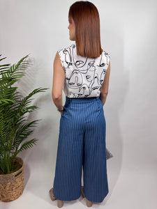 Denim stripe High Waisted Paperbag Wide Leg Pants