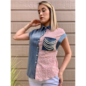 SLVLESS Denim Checker Button Down Collar Shirt