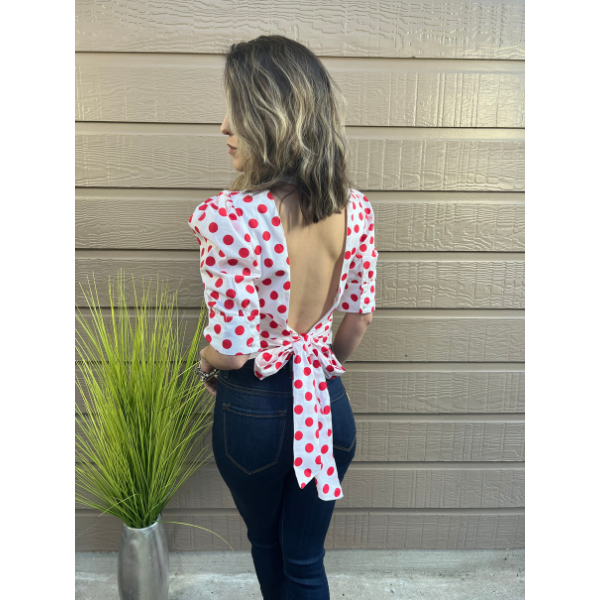 Puffed SLV Polkadot Open Back & Ribbon Tie Top