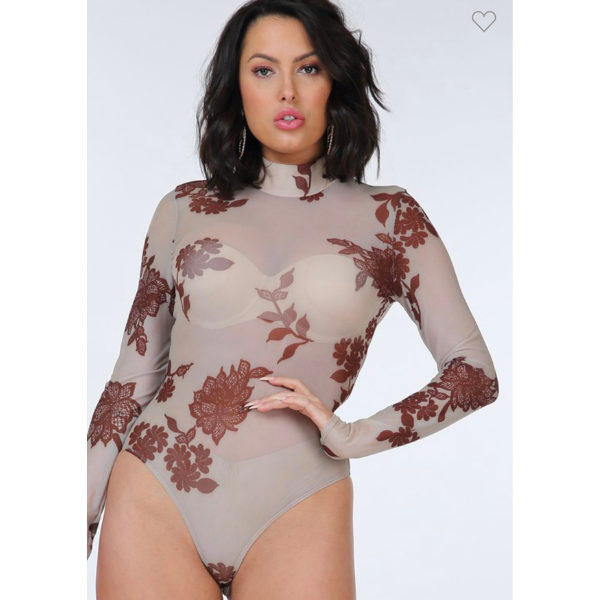 Flower Embroidery Print Sheer Mesh Bodysuit