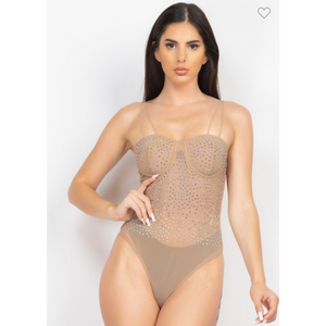 Double Straps Rhinestones Bodysuit